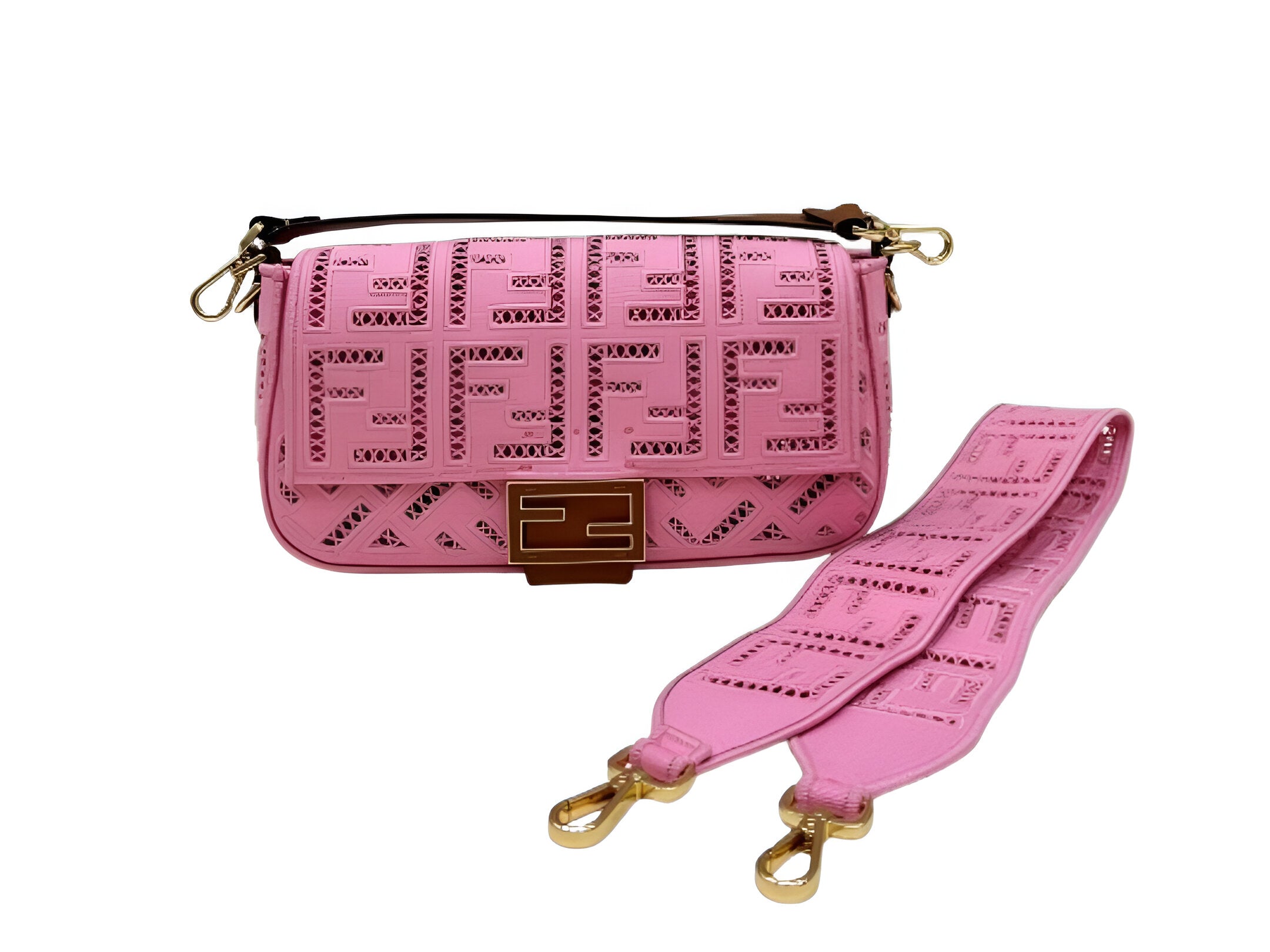Fendi Pink Perforated Leather Baguette Bag