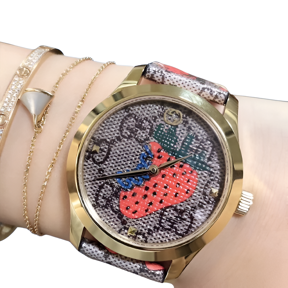 Strawberry Print Gold Watch - Women's Edition