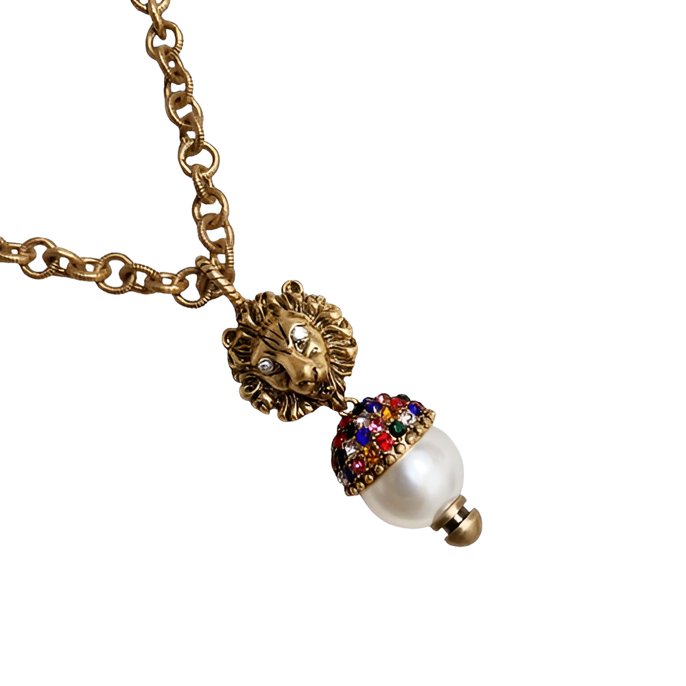 Gucci Lion Head Pearl Pendant Necklace