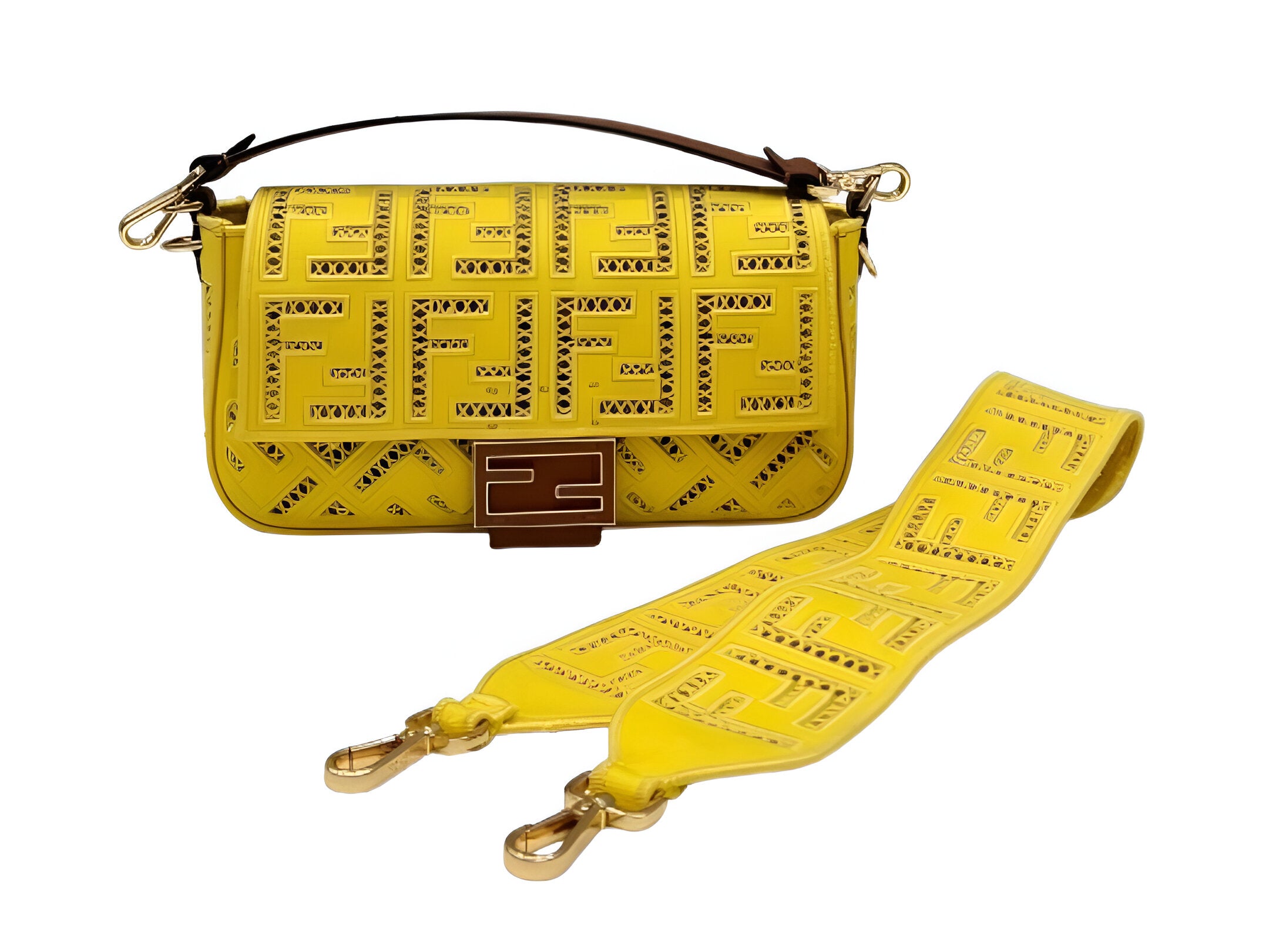 Fendi Yellow Perforated Leather Baguette Bag