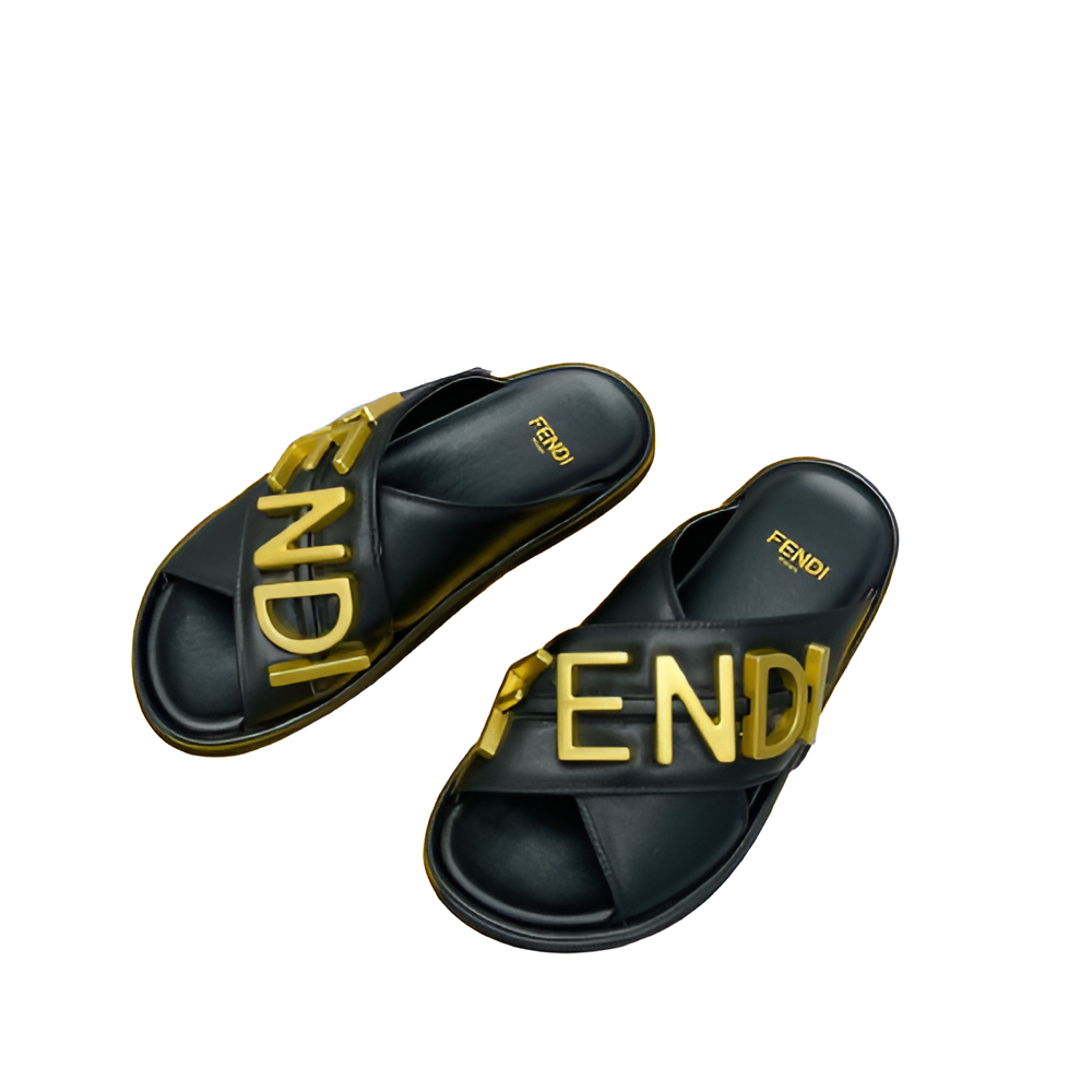 Fendi Men's Black & Gold Signature Slides