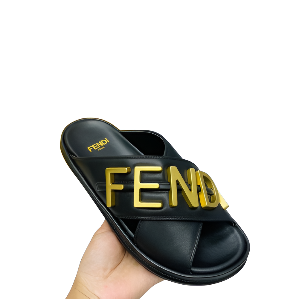 Fendi Men's Black & Gold Signature Slides