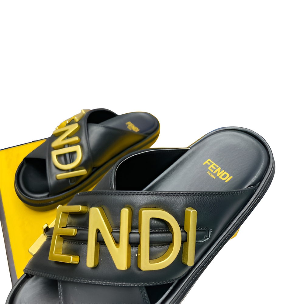 Fendi Men's Black & Gold Signature Slides