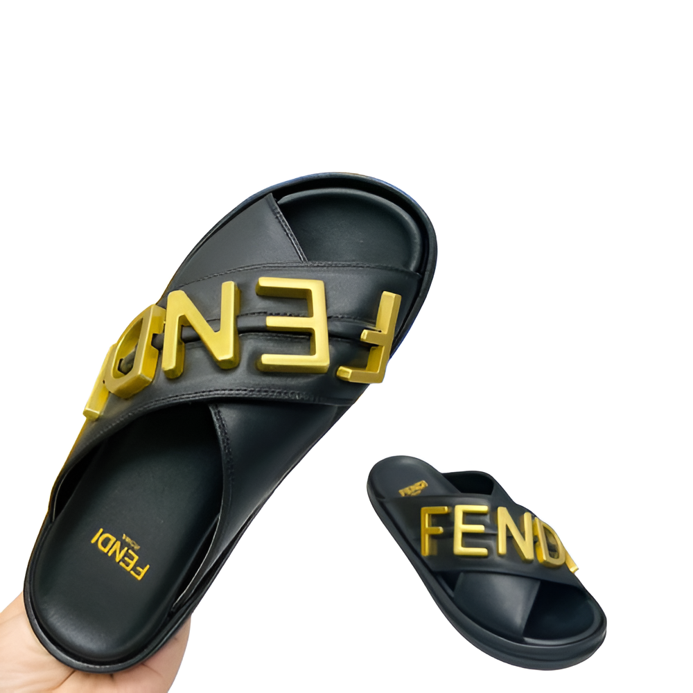 Fendi Men's Black & Gold Signature Slides