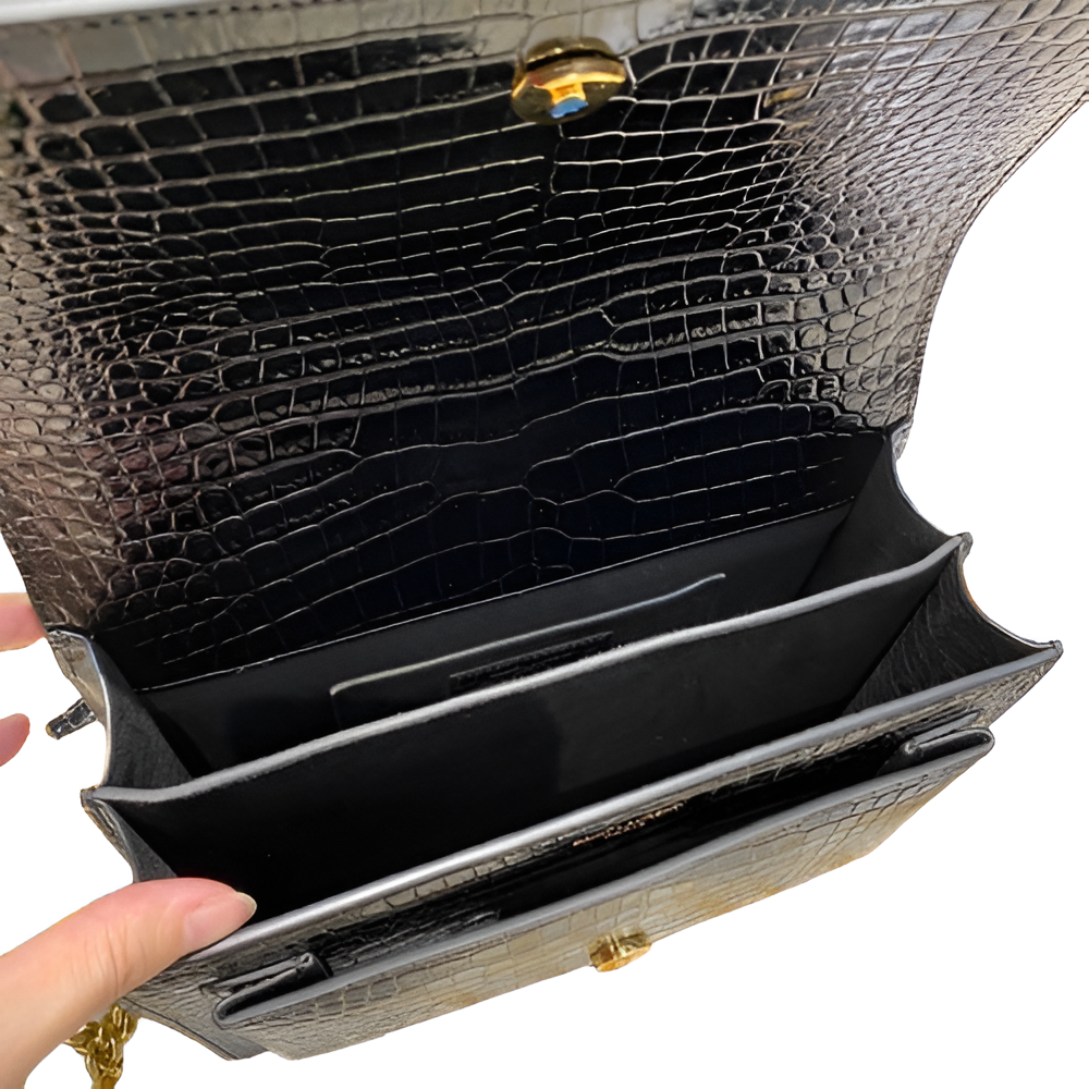 YSL Black Croc-Embossed Leather Chain Bag