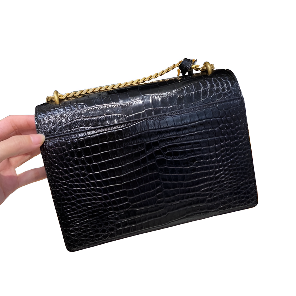 YSL Black Croc-Embossed Leather Chain Bag