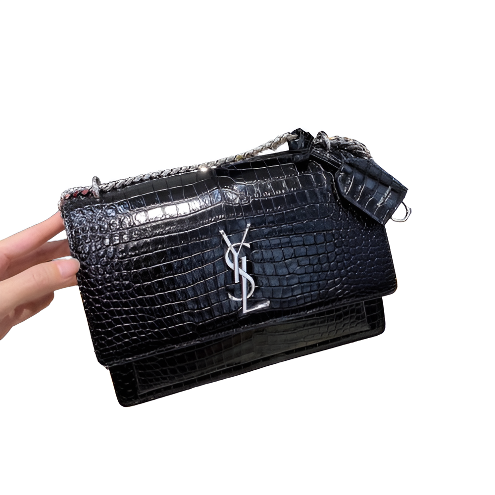 YSL Black Croc-Embossed Leather Chain Bag (Silver Logo)