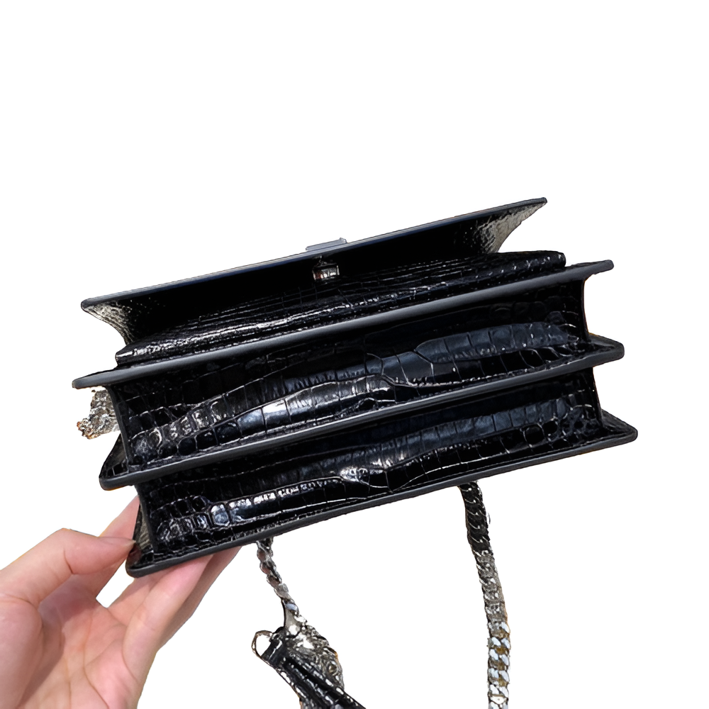 YSL Black Croc-Embossed Leather Chain Bag (Silver Logo)