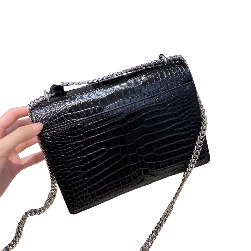 YSL Black Croc-Embossed Leather Chain Bag (Silver Logo)