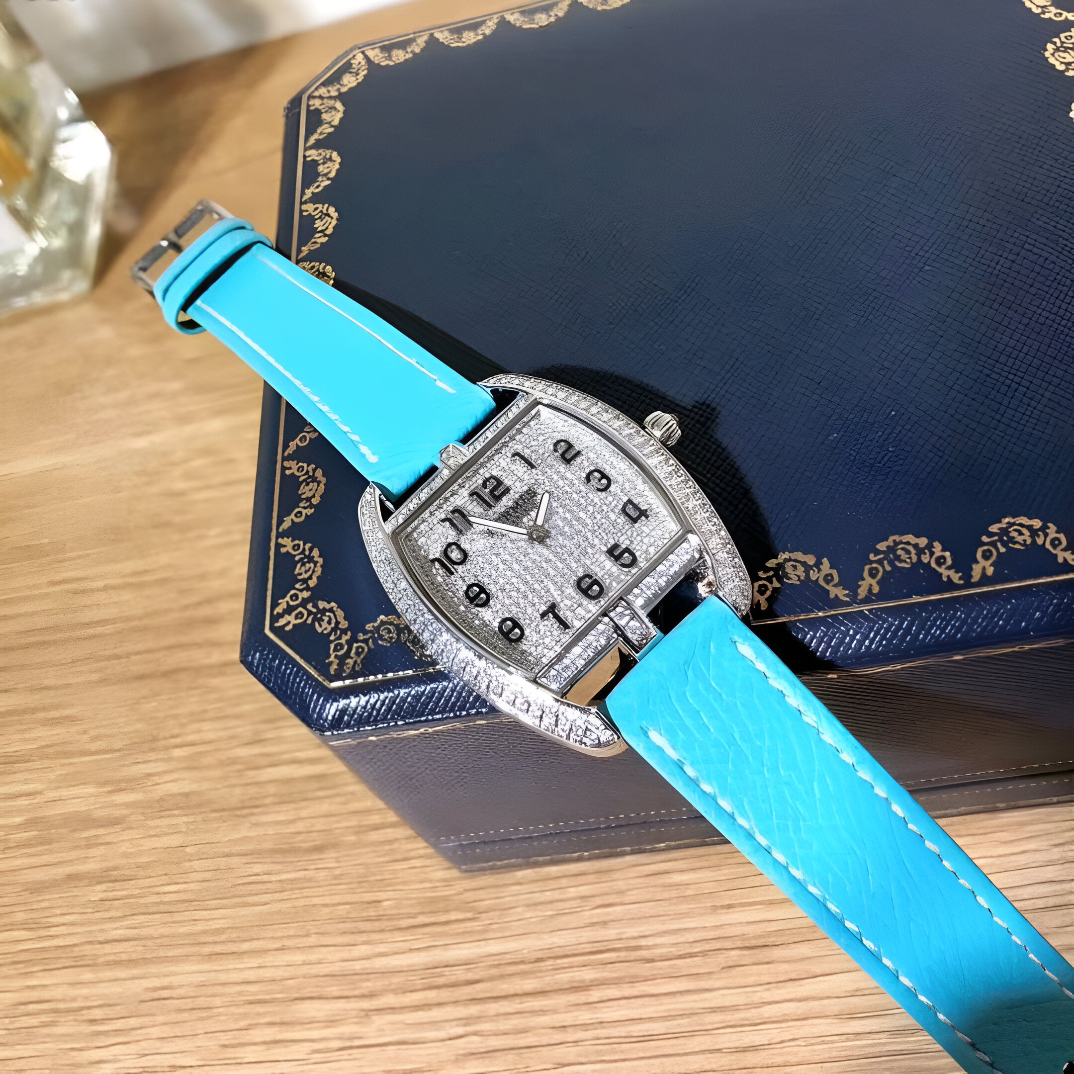HERMÈS Diamond Silver & Blue Leather Ladies Watch