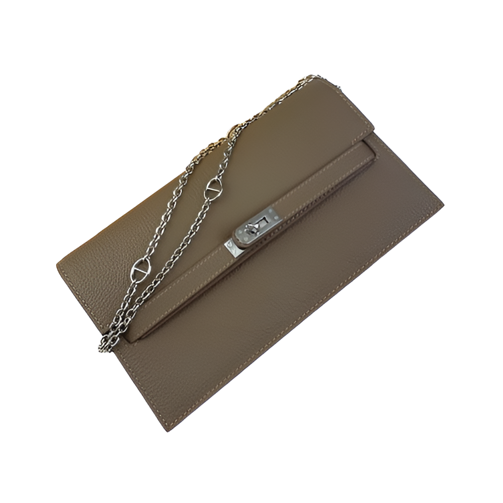 Hermes Taupe Leather Chain Clutch