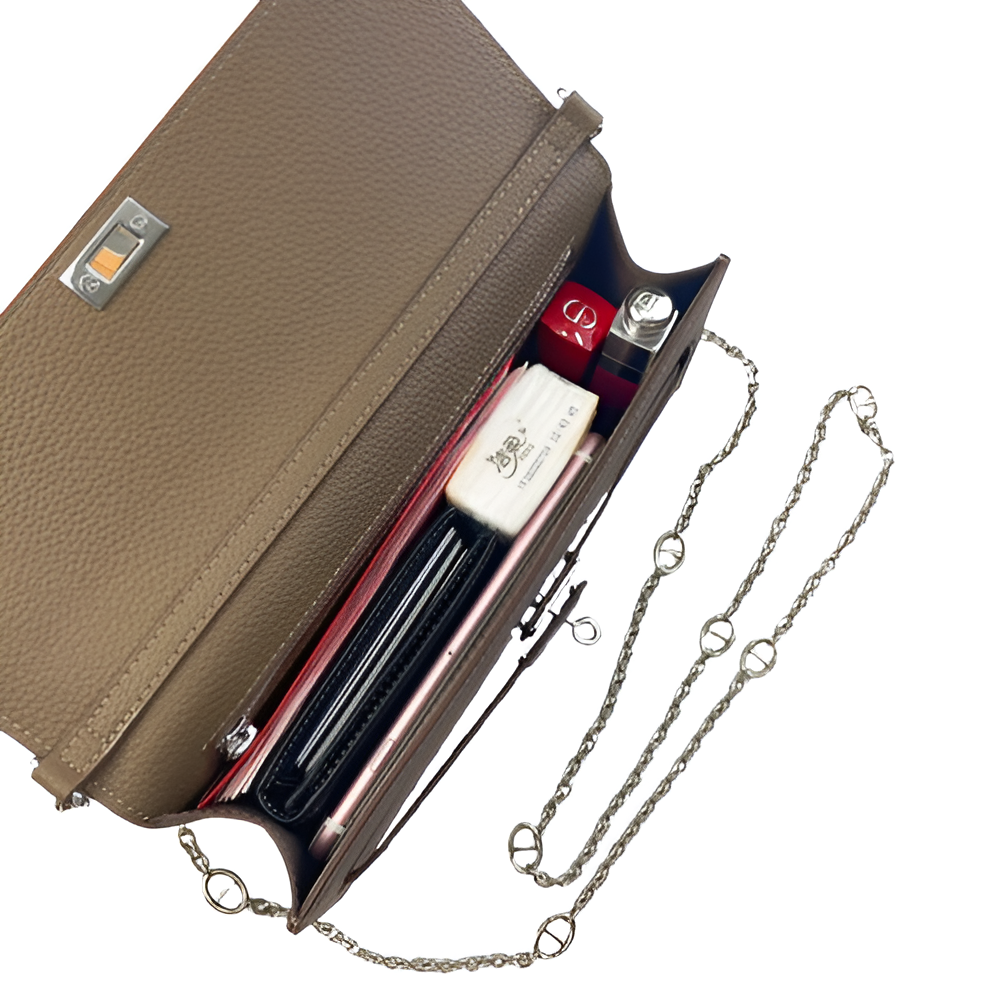 Hermes Taupe Leather Chain Clutch