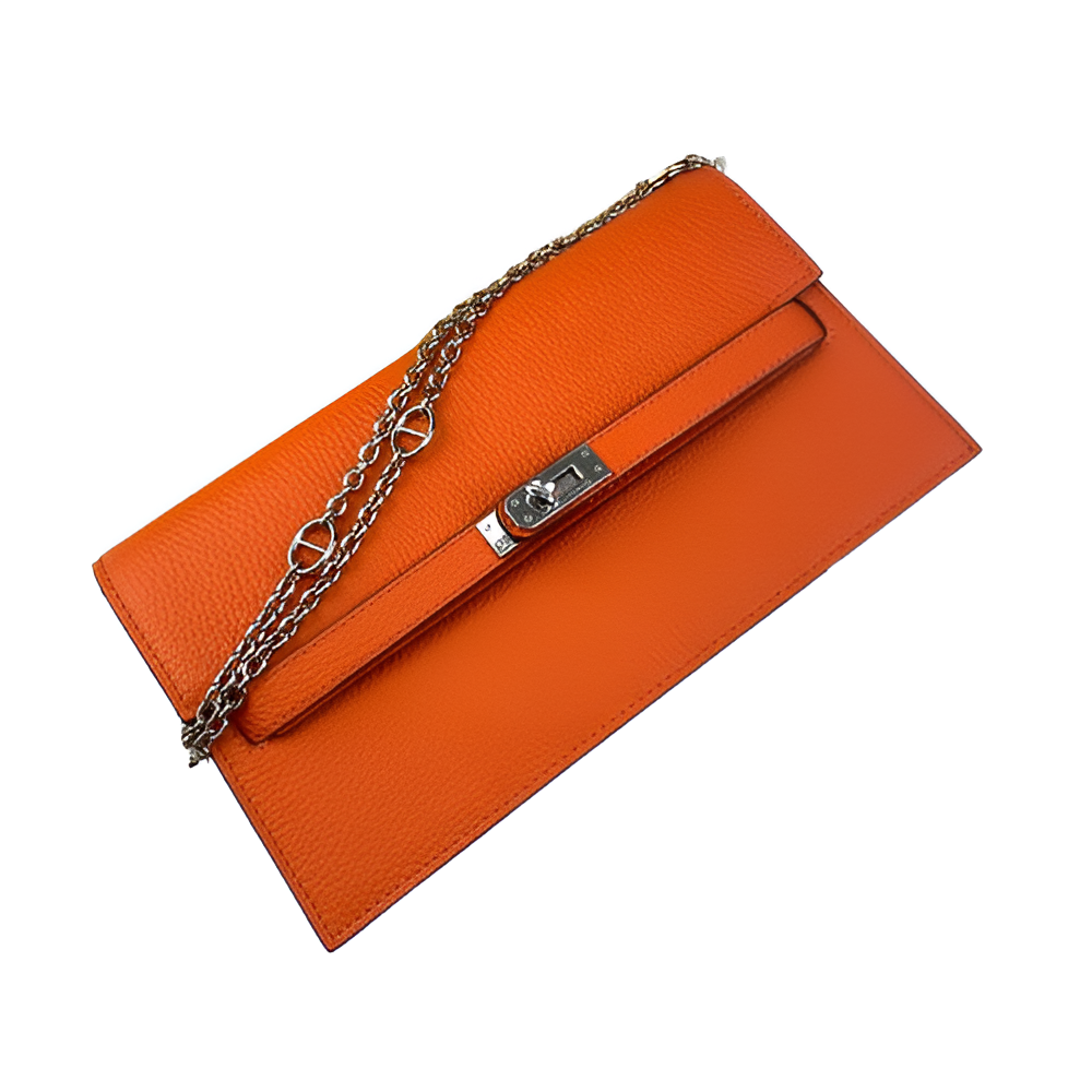 Hermes Orange Leather Chain Clutch