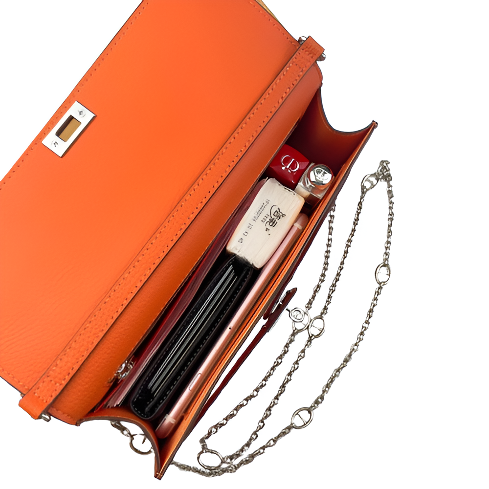 Hermes Orange Leather Chain Clutch