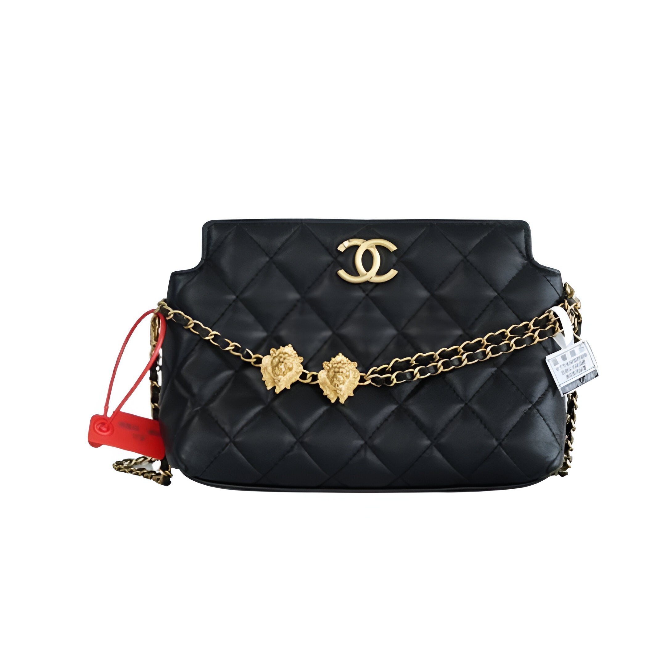 Chanel-Inspired Black Quilted Lion Charm Shoulder Bag