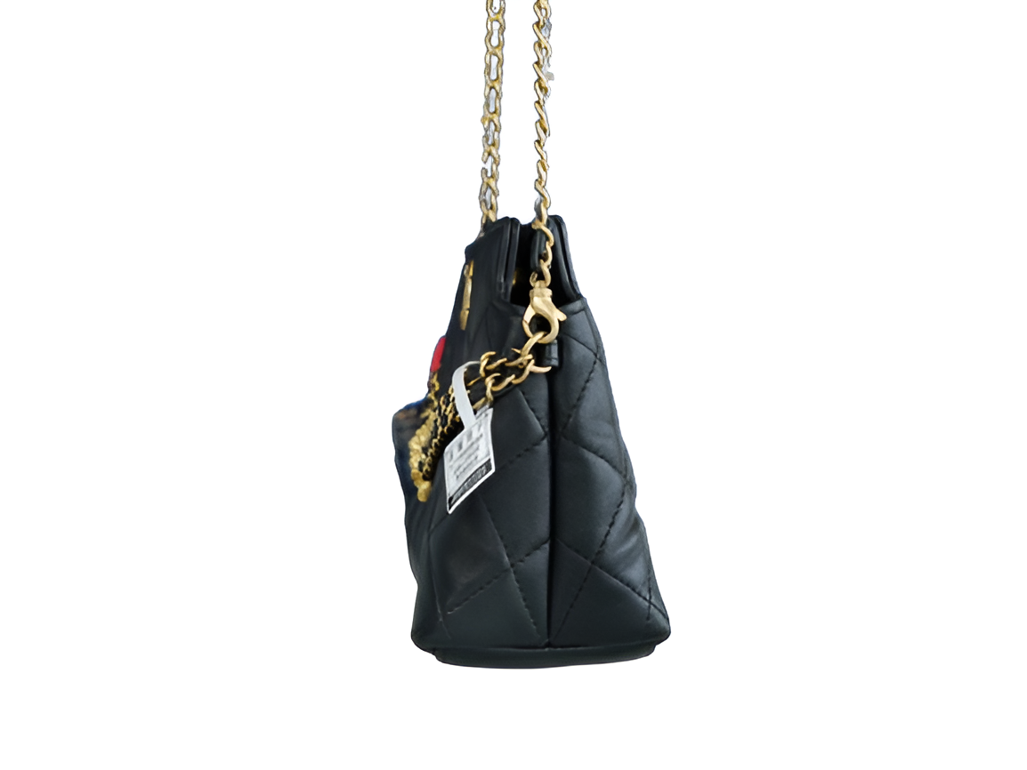 Chanel-Inspired Black Quilted Lion Charm Shoulder Bag
