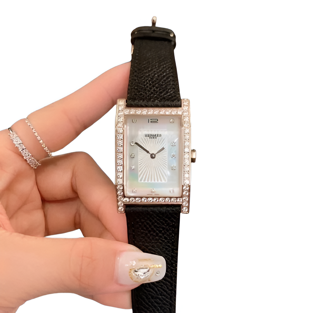 HERMÈS Diamond & Black Leather Ladies Watch