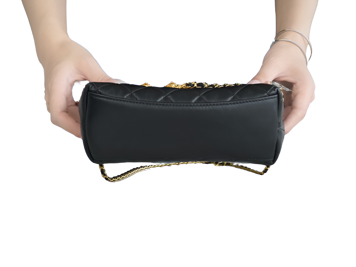 Chanel-Inspired Black Quilted Lion Charm Shoulder Bag