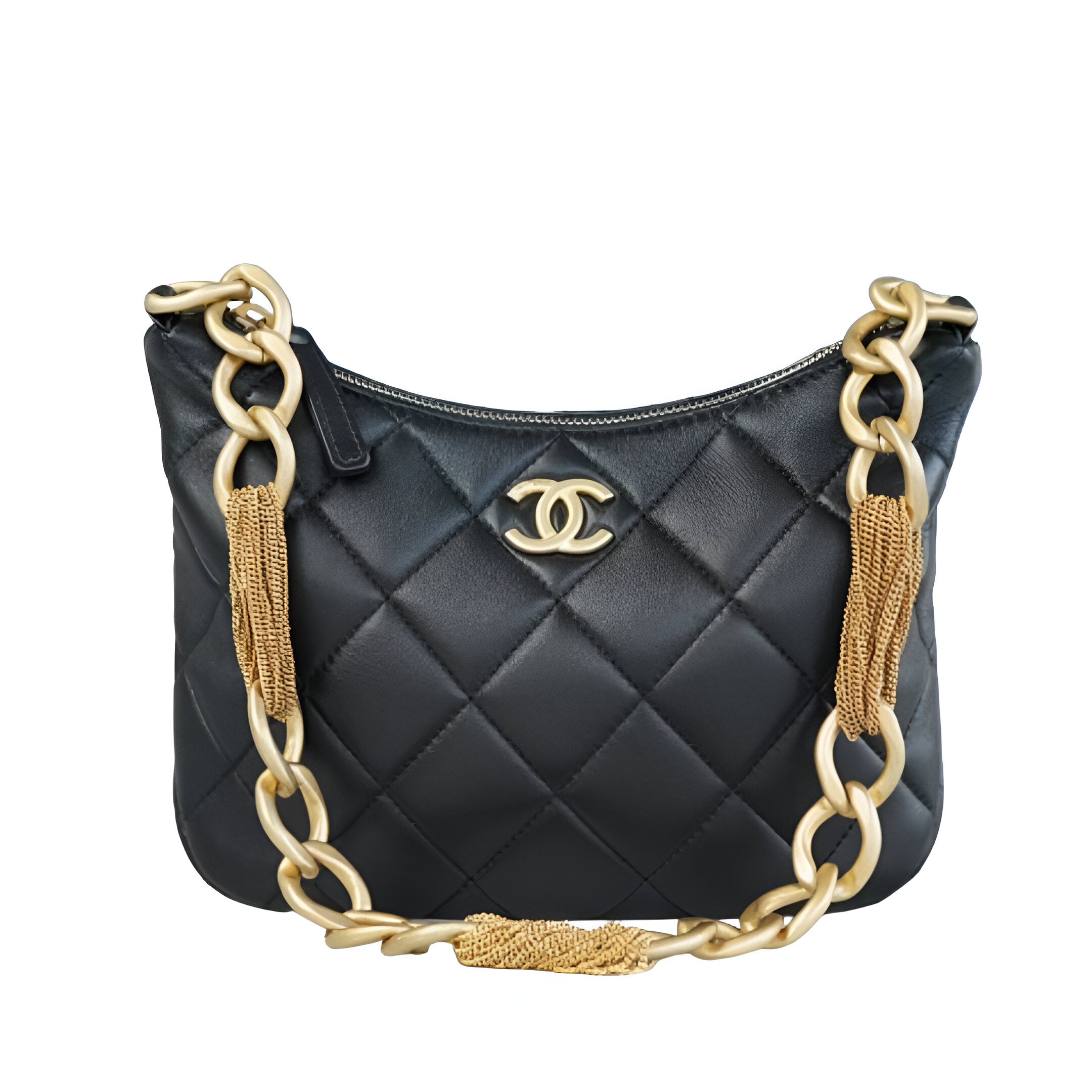 Chanel-Inspired Black Quilted Shoulder Bag with Gold Chain Tassels