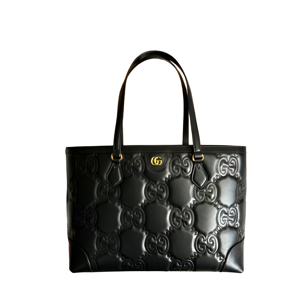 GUCCI GG Embossed Black Leather Tote Bag