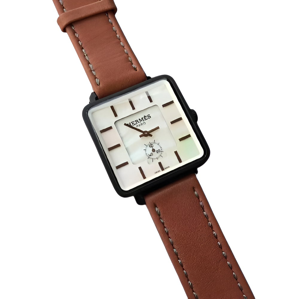 HERMÈS Square Black & Brown Leather Watch