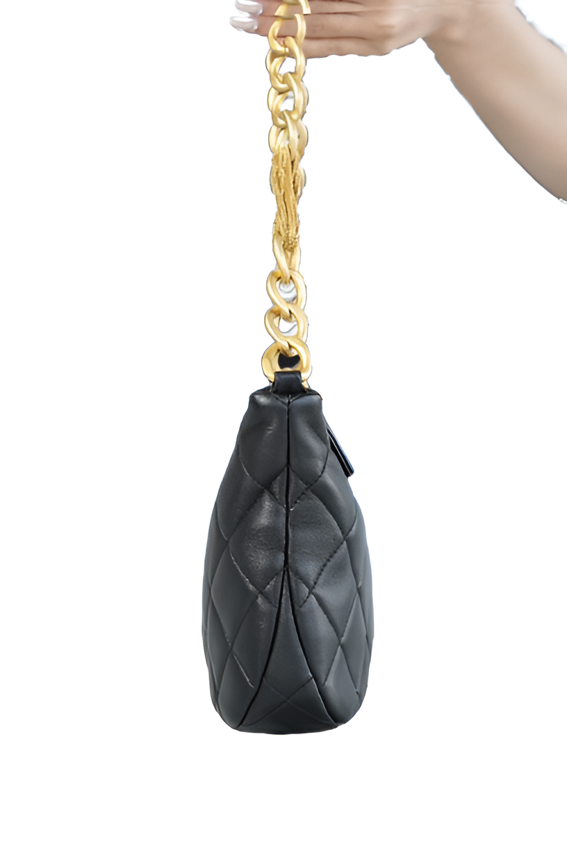 Chanel-Inspired Black Quilted Shoulder Bag with Gold Chain Tassels