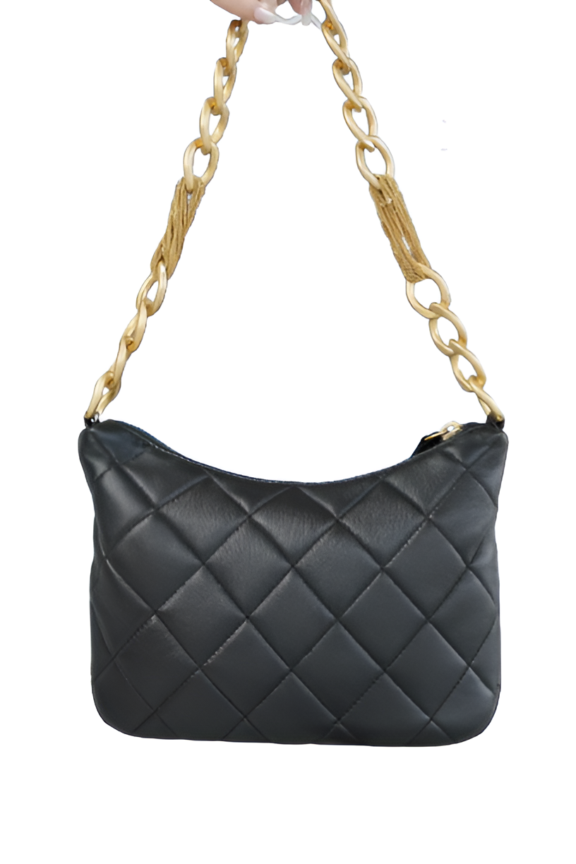 Chanel-Inspired Black Quilted Shoulder Bag with Gold Chain Tassels