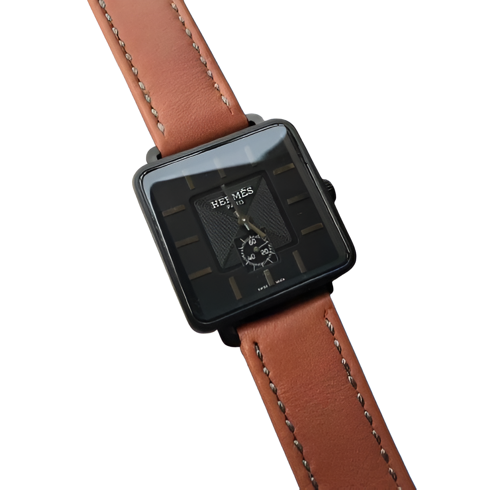 HERMÈS Square Black & Brown Leather Watch
