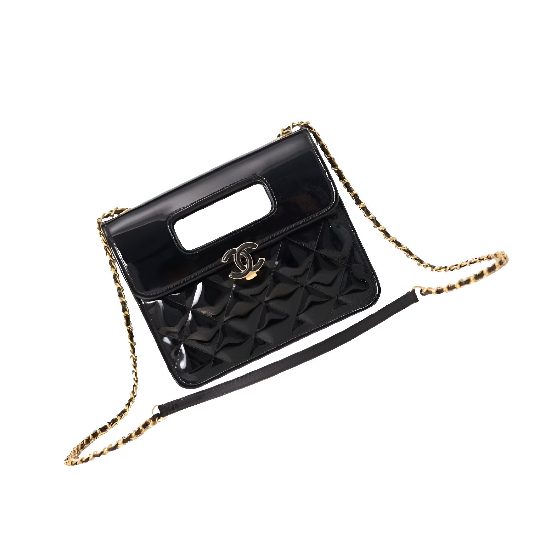 Chanel-Inspired Glossy Black Quilted Cutout Handle Bag