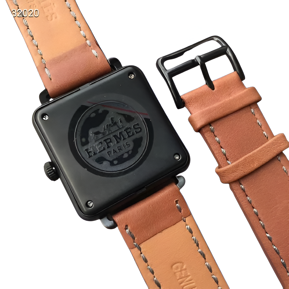 HERMÈS Square Black & Brown Leather Watch