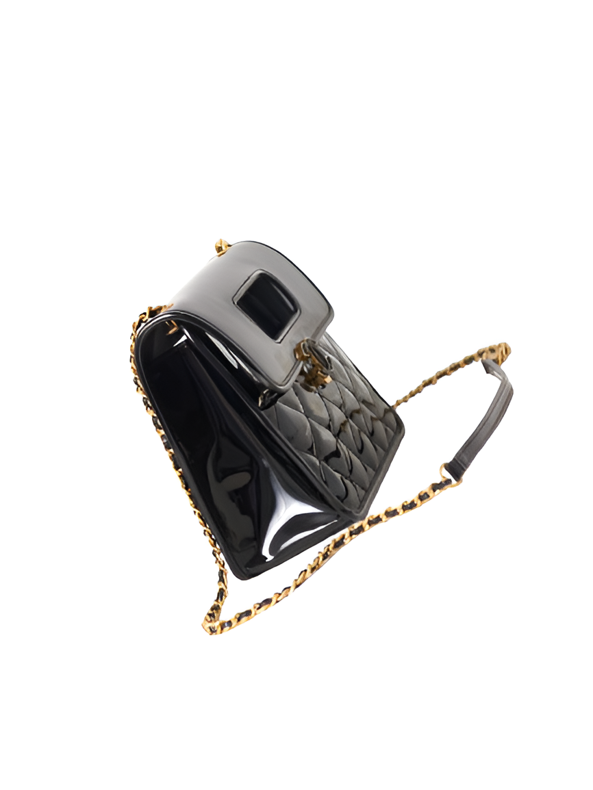 Chanel-Inspired Glossy Black Quilted Cutout Handle Bag