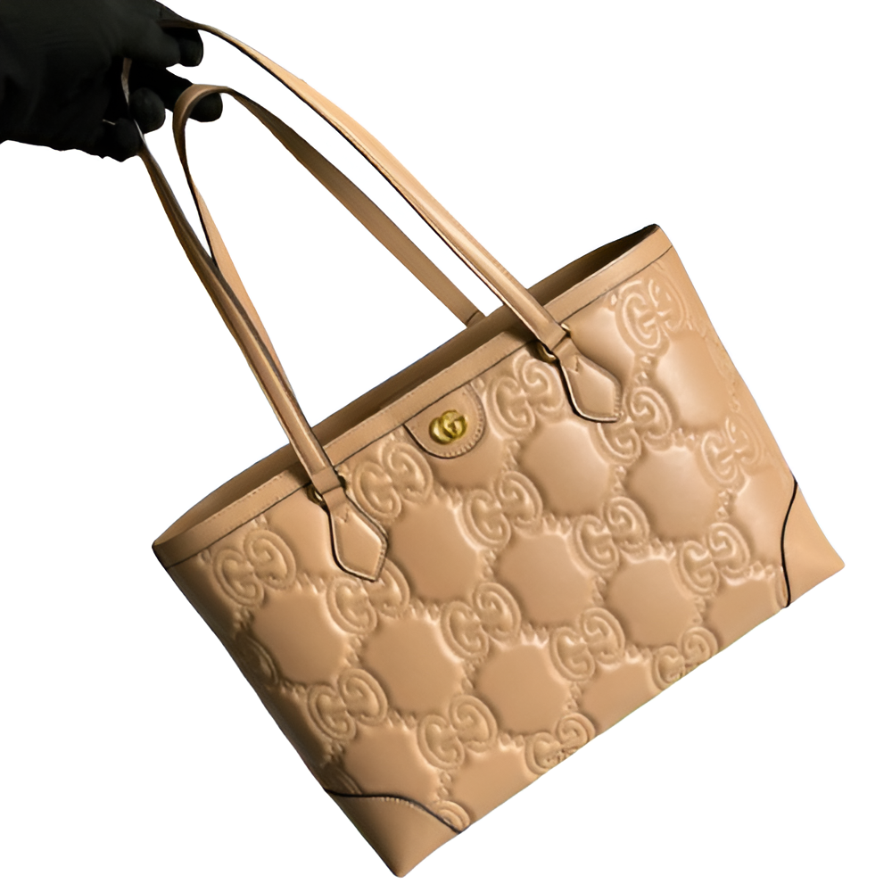 GUCCI GG Embossed Beige Leather Tote Bag