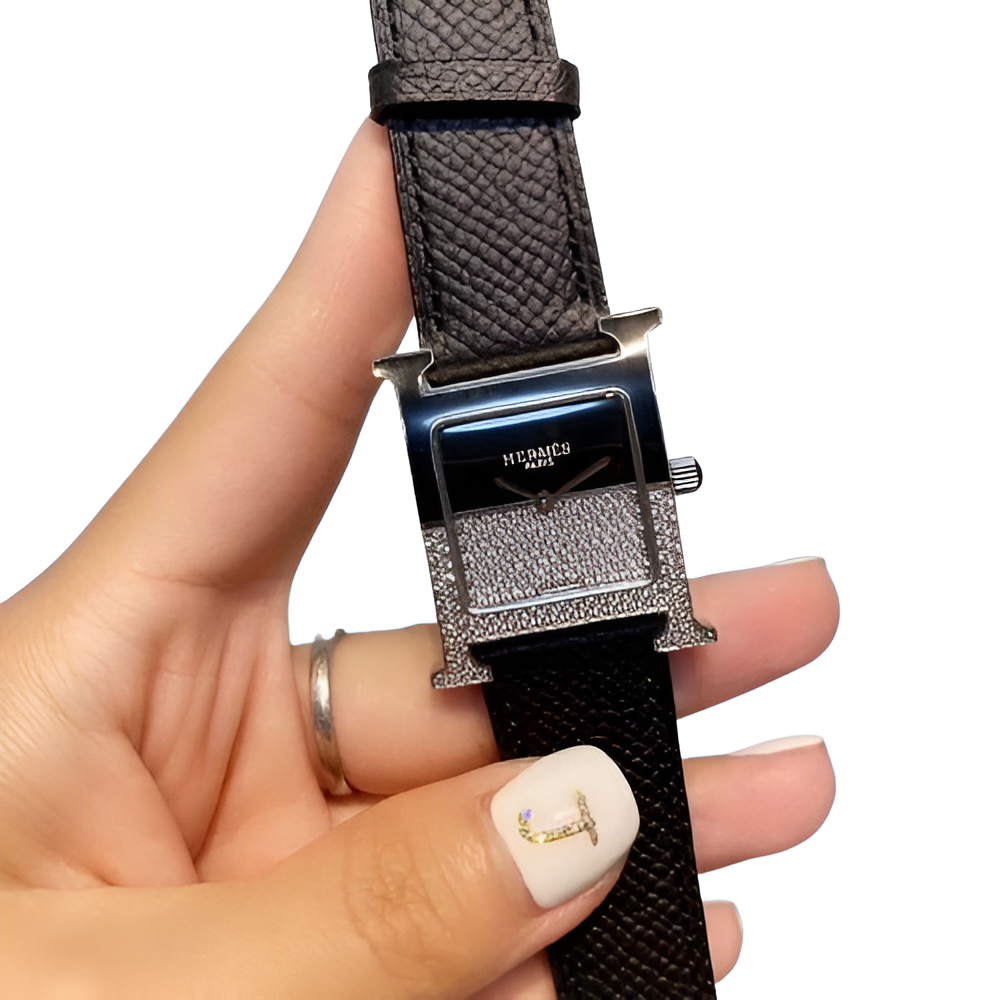 HERMÈS Black Leather & Silver Diamond Watch
