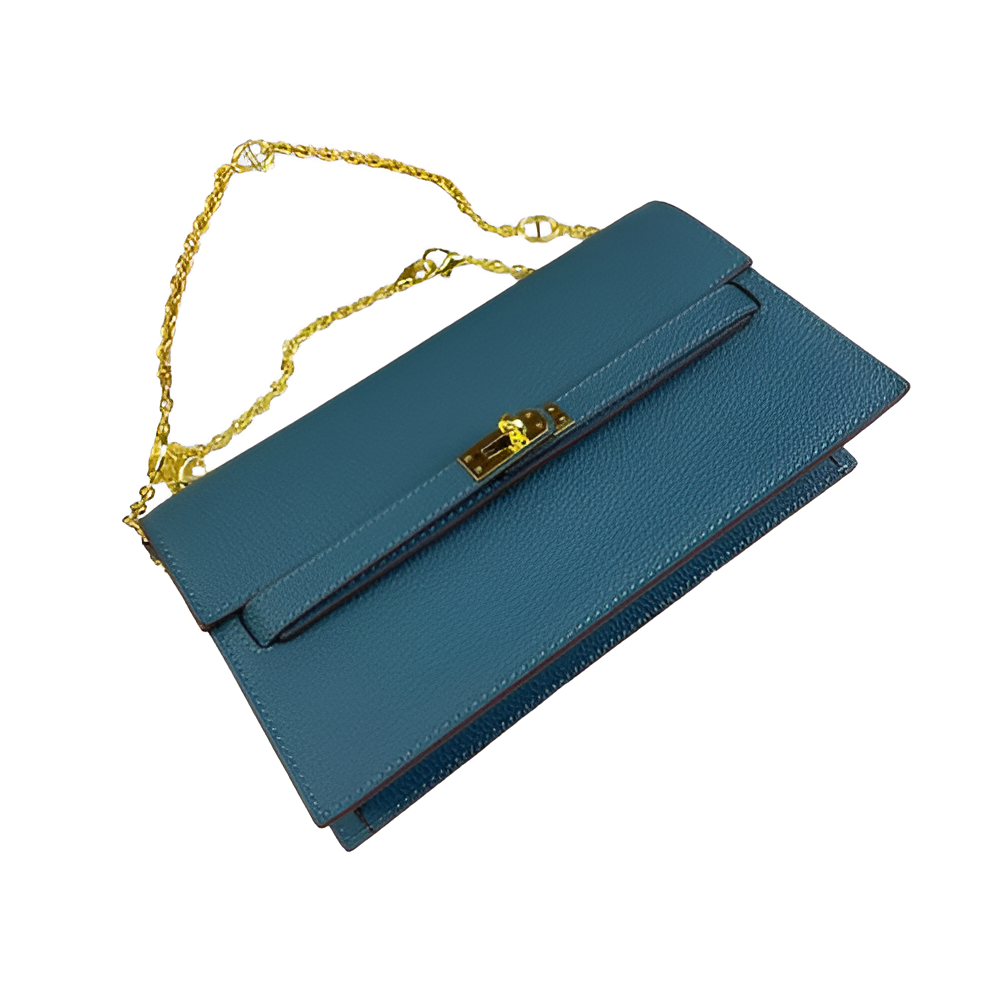 Hermes Teal Leather Chain Clutch with Gold Chain
