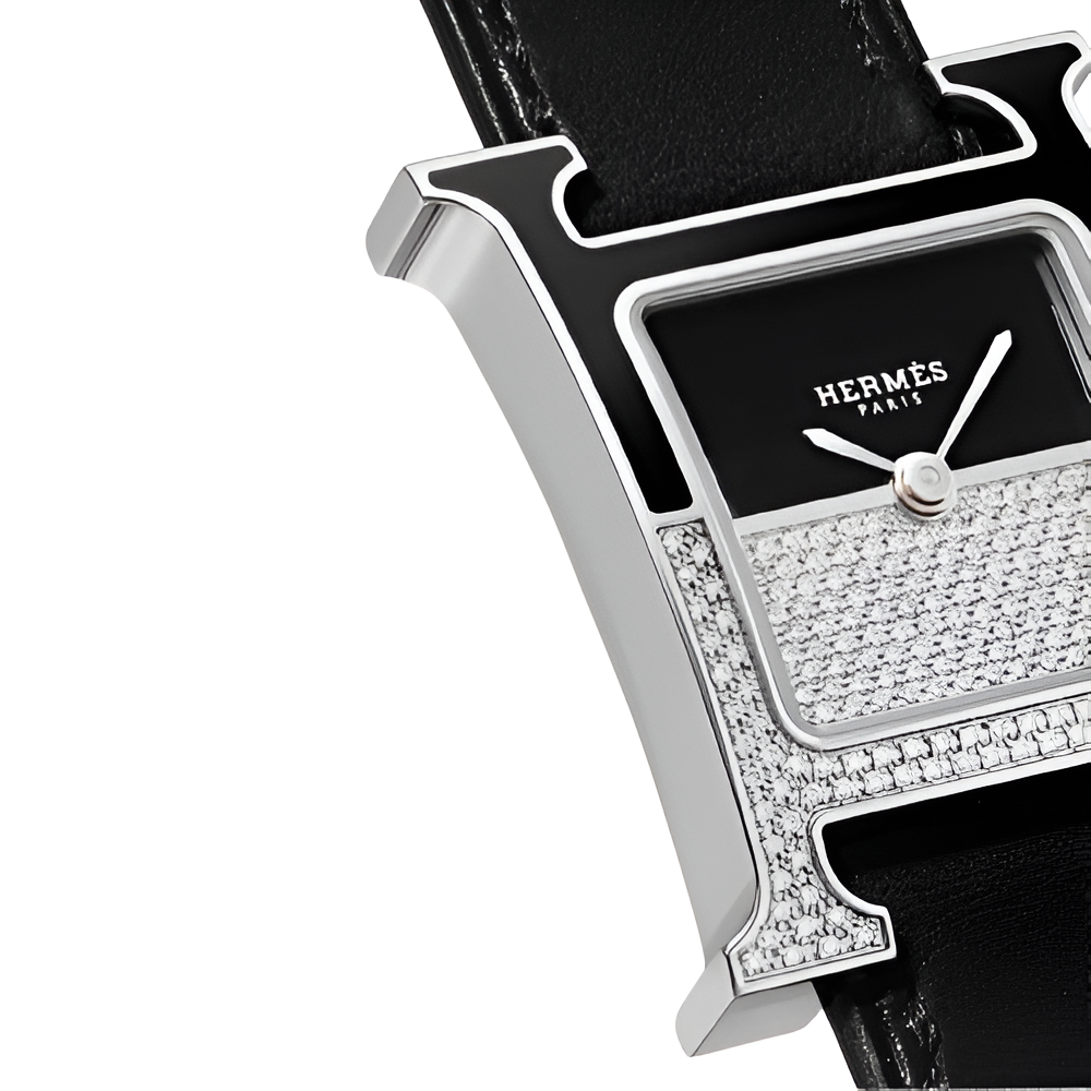 HERMÈS Black Leather & Silver Diamond Watch