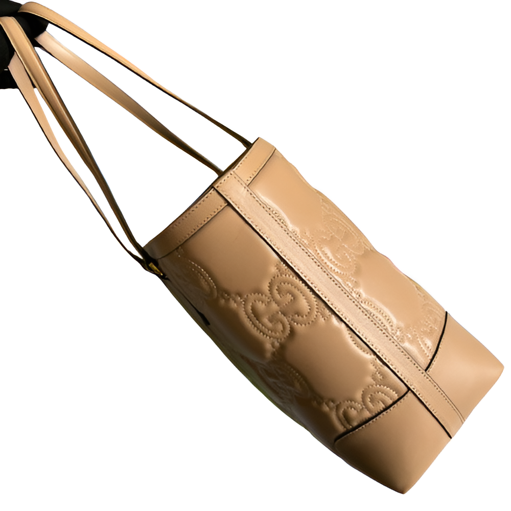 GUCCI GG Embossed Beige Leather Tote Bag