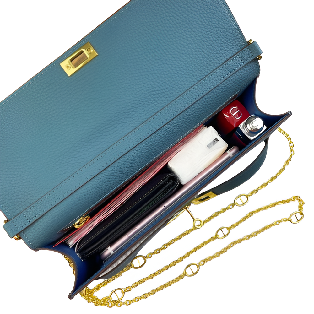 Hermes Teal Leather Chain Clutch with Gold Chain