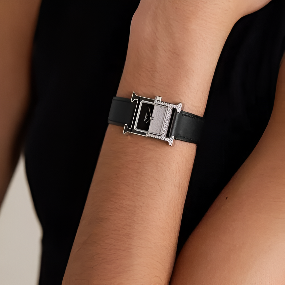 HERMÈS Black Leather & Silver Diamond Watch
