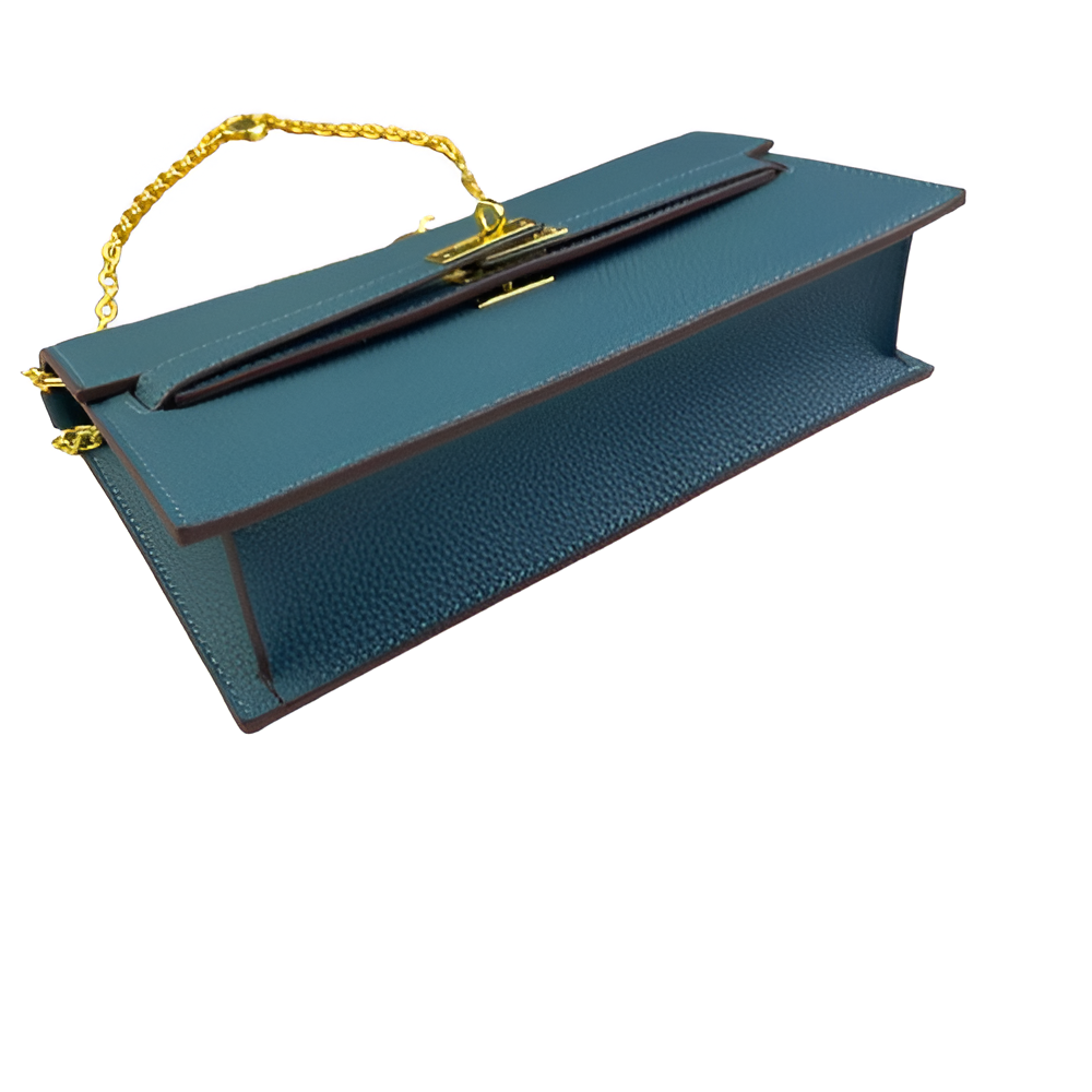 Hermes Teal Leather Chain Clutch with Gold Chain