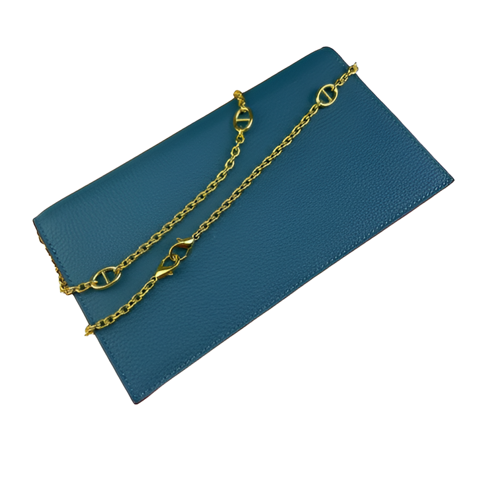 Hermes Teal Leather Chain Clutch with Gold Chain