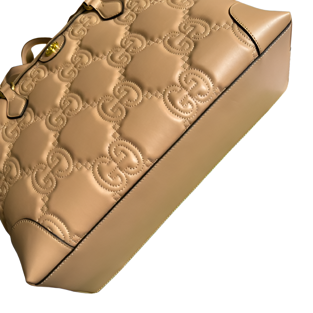 GUCCI GG Embossed Beige Leather Tote Bag