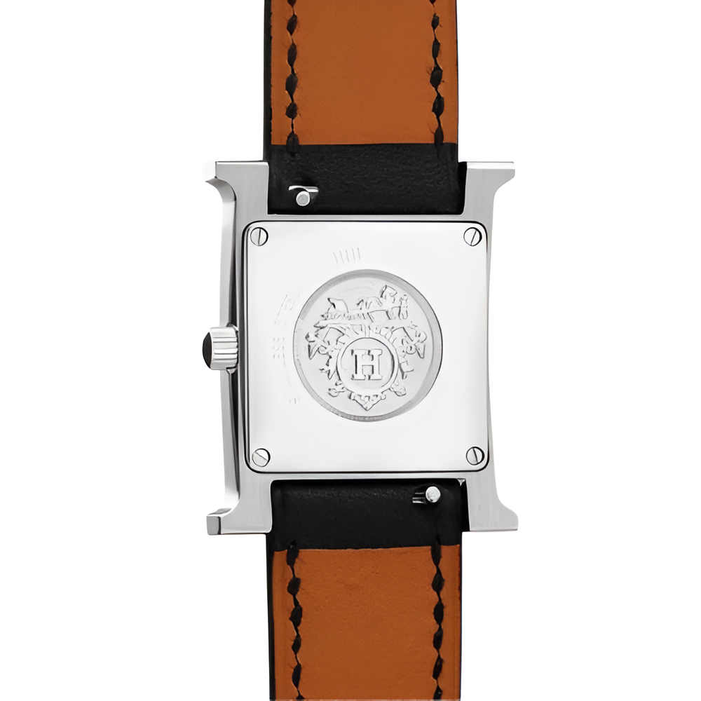 HERMÈS Black Leather & Silver Diamond Watch