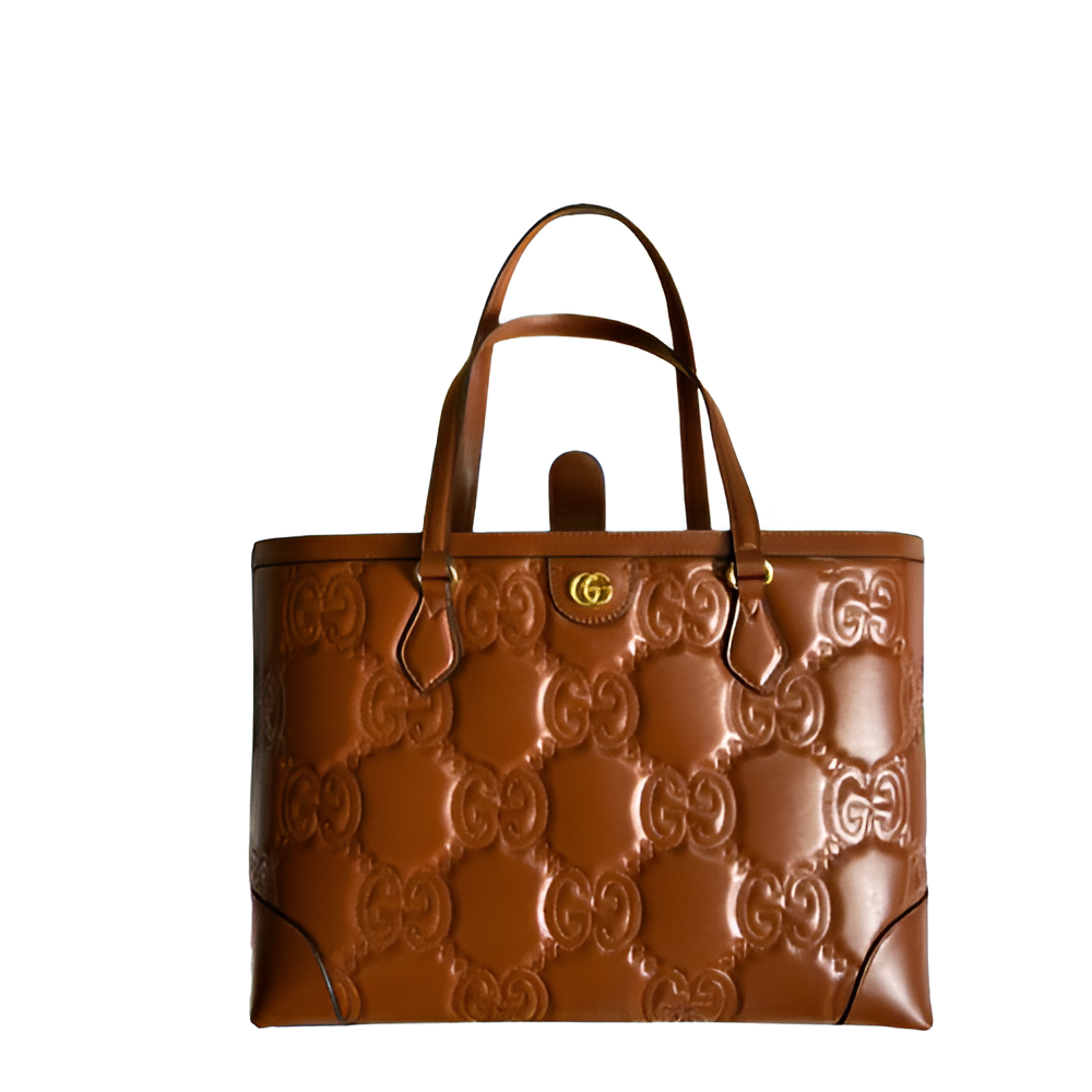 GUCCI GG Embossed Brown Leather Tote Bag