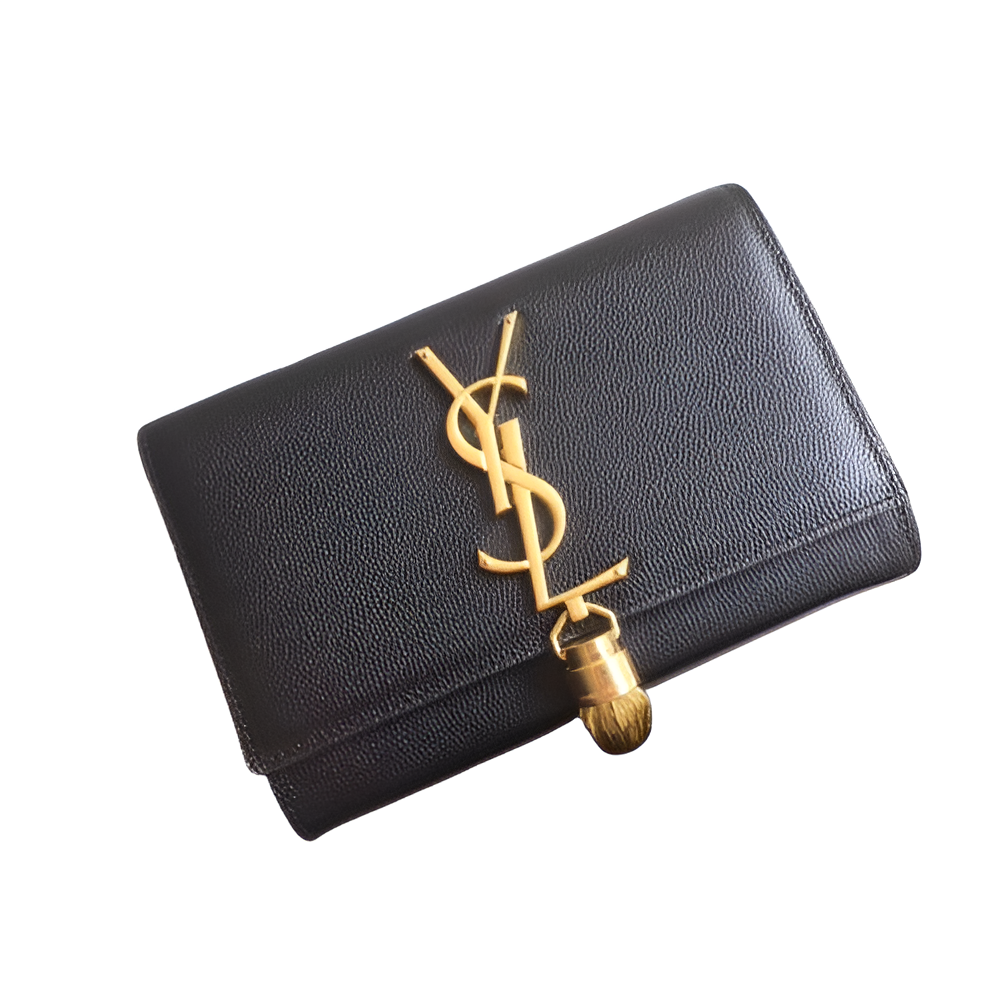 YSL Black Leather Clutch with Gold Lock Detail