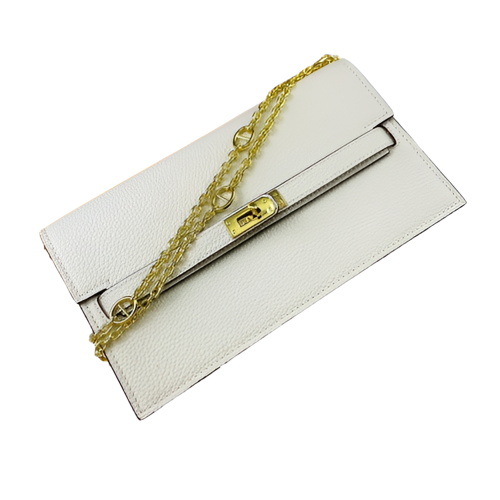 Hermes White Leather Chain Clutch with Gold Chain