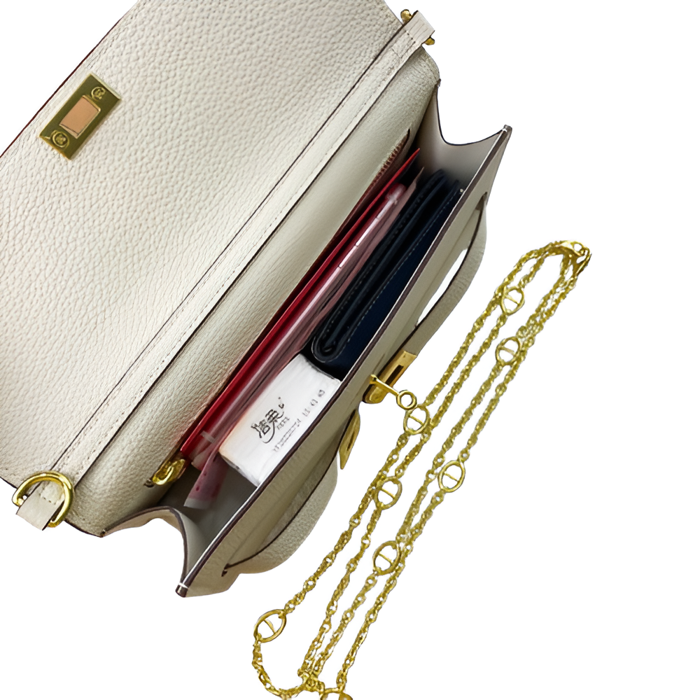 Hermes White Leather Chain Clutch with Gold Chain