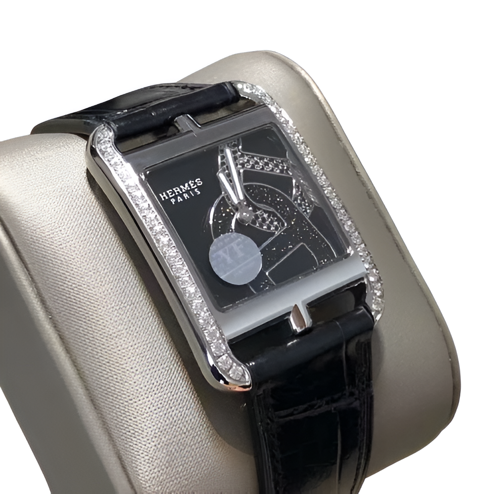 HERMÈS Black Leather & Diamond Men's Watch
