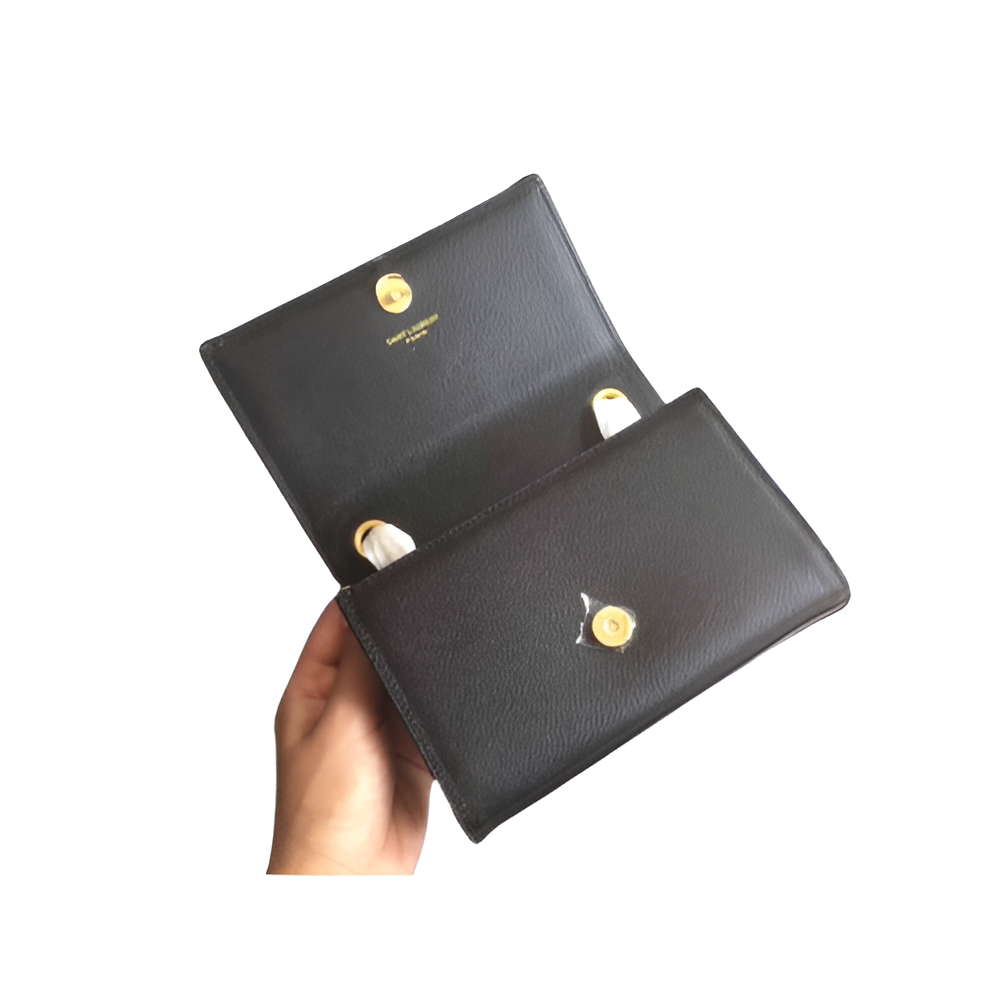 YSL Black Leather Clutch with Gold Lock Detail