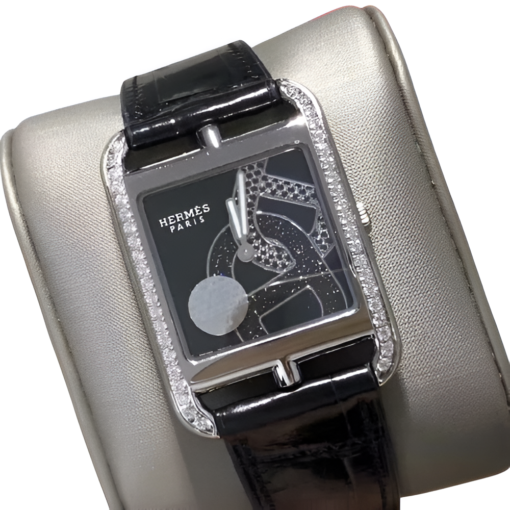 HERMÈS Black Leather & Diamond Men's Watch