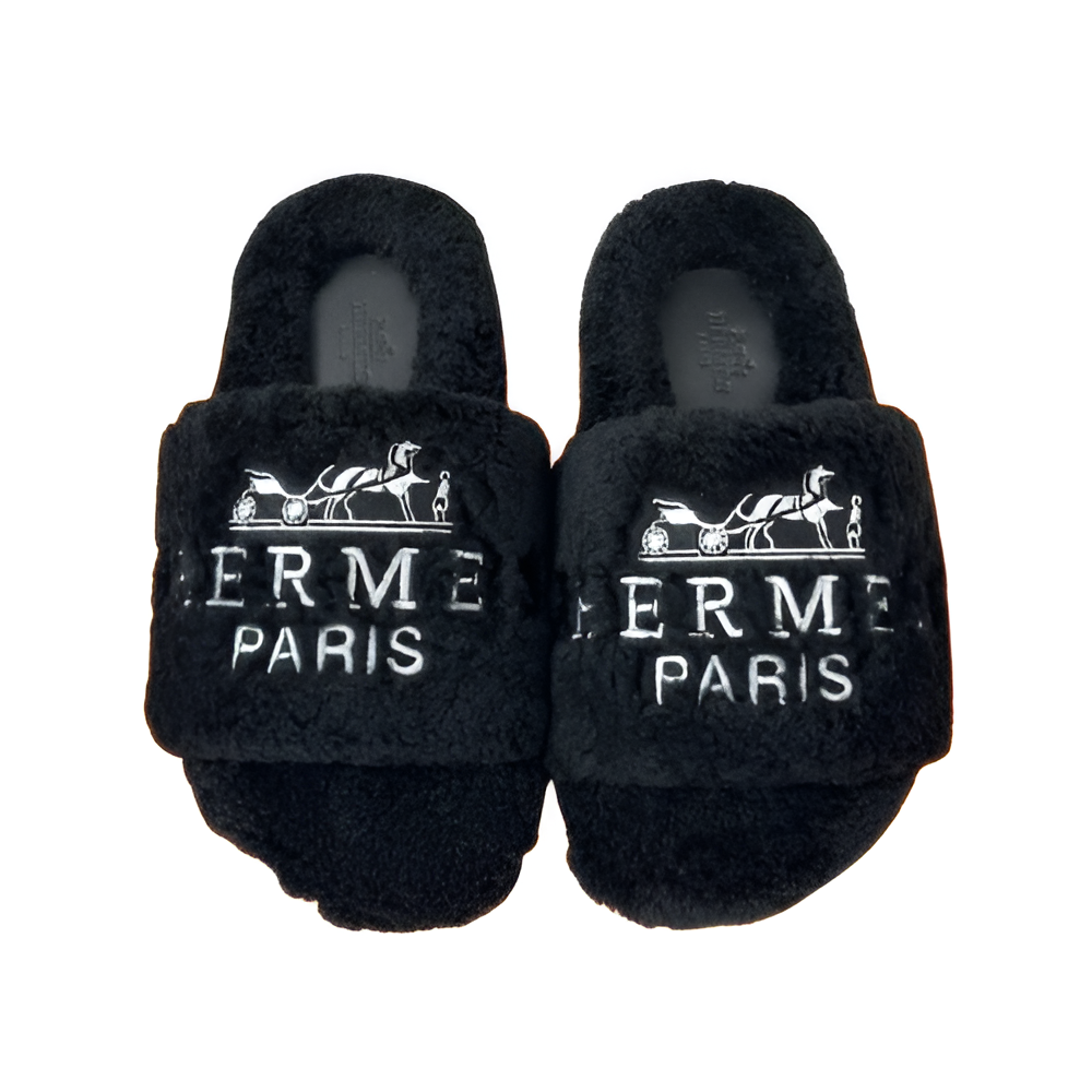 Hermes Women's Black Fleece Slippers